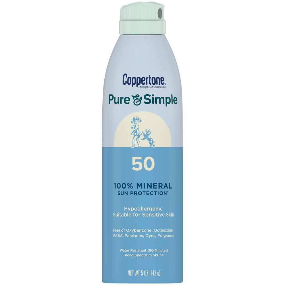 Coppertone Pure & Simple zinc oxide sunscreen spray bottle for easy outdoor protection.