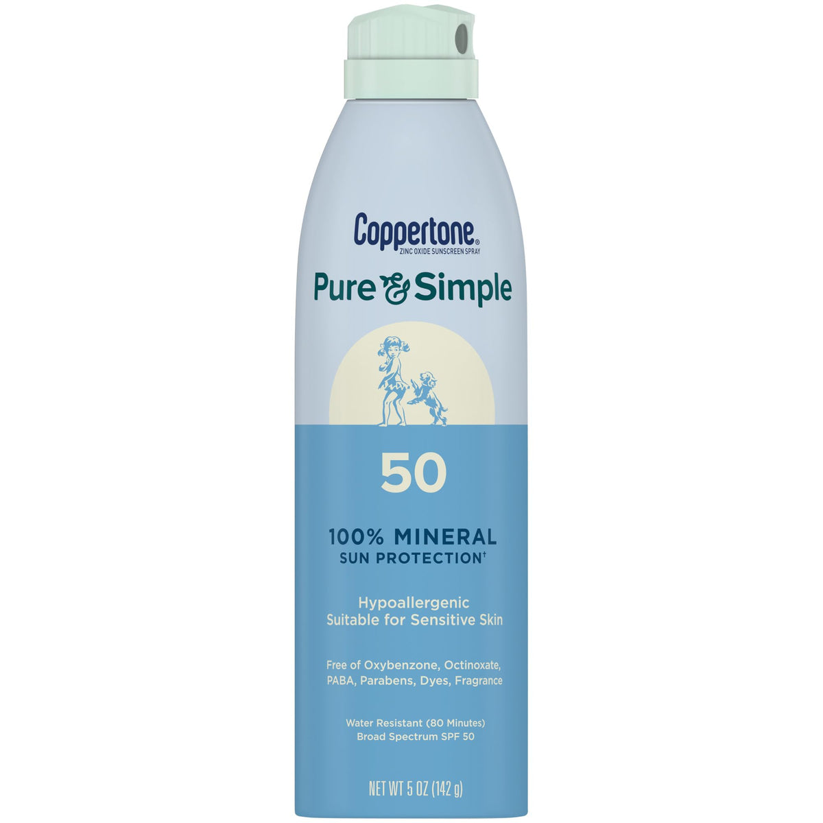 Coppertone Pure & Simple zinc oxide sunscreen spray bottle for easy outdoor protection.