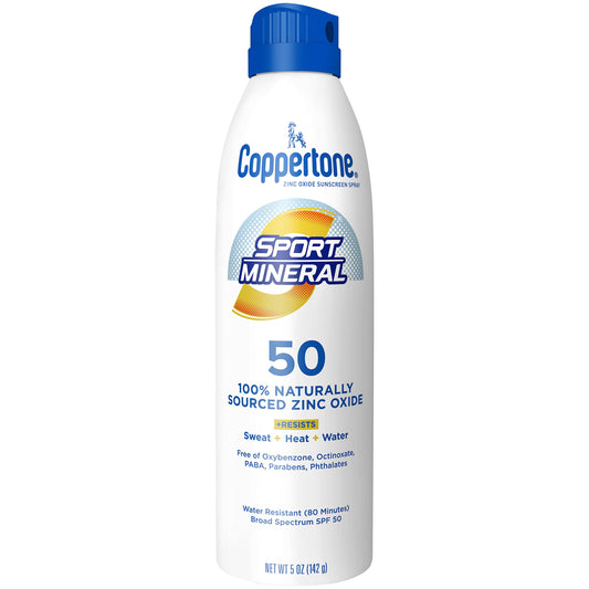 Coppertone SPORT Mineral SPF 50 spray bottle delivering broad protection on the go.