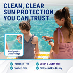 Close-up of Coral Isles Sunscreen bottle showing spray mist
