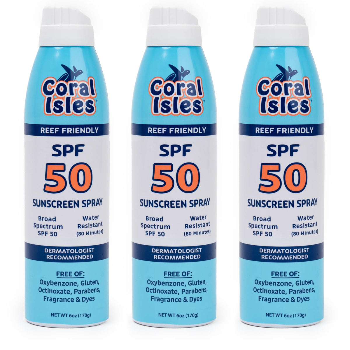Coral Isles Sunscreen three-pack on beach ready for use