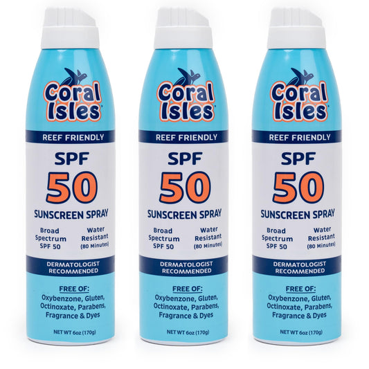 Coral Isles Sunscreen three-pack on beach ready for use