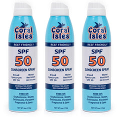Coral Isles Sunscreen three-pack on beach ready for use