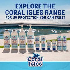 Water splash behind Coral Isles Sunscreen spray during swim