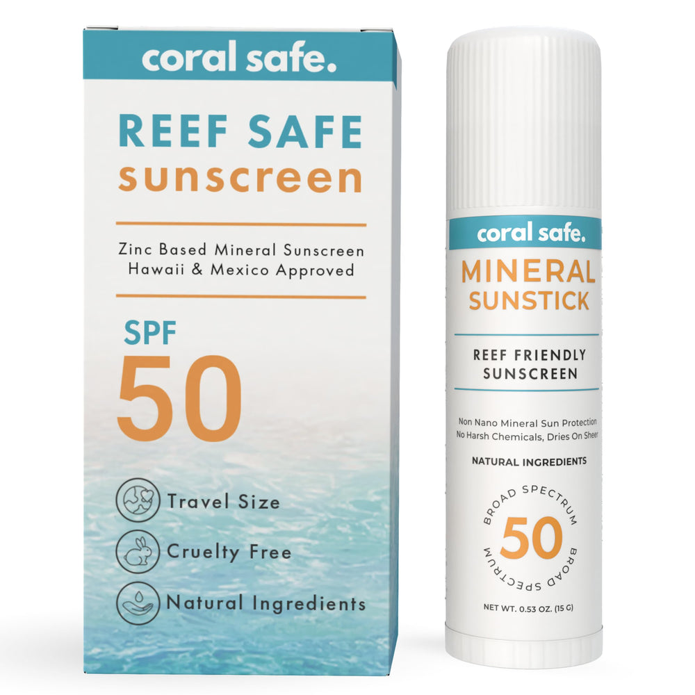 Coral Safe reef-safe sunscreen face-stick packaging promotes eco-friendly materials for travel.