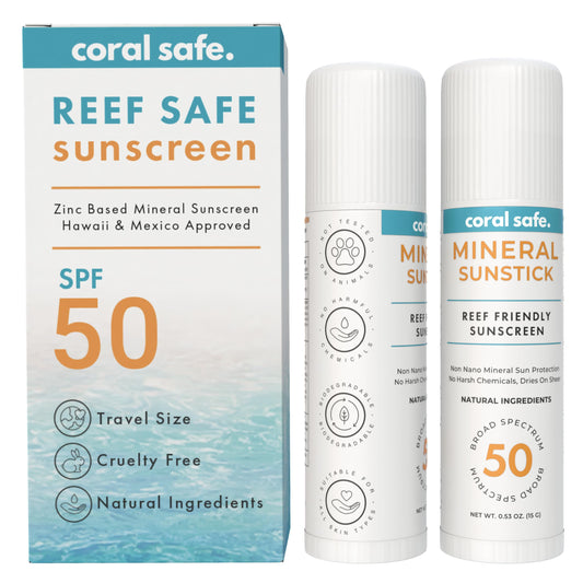 Coral Safe reef-safe SPF50 stick front view, mineral protection for sunny outdoor days.