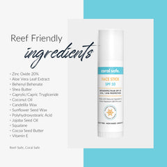 Coral Safe SPF50 stick packaging close-up highlighting biodegradable materials and reef-friendly design.