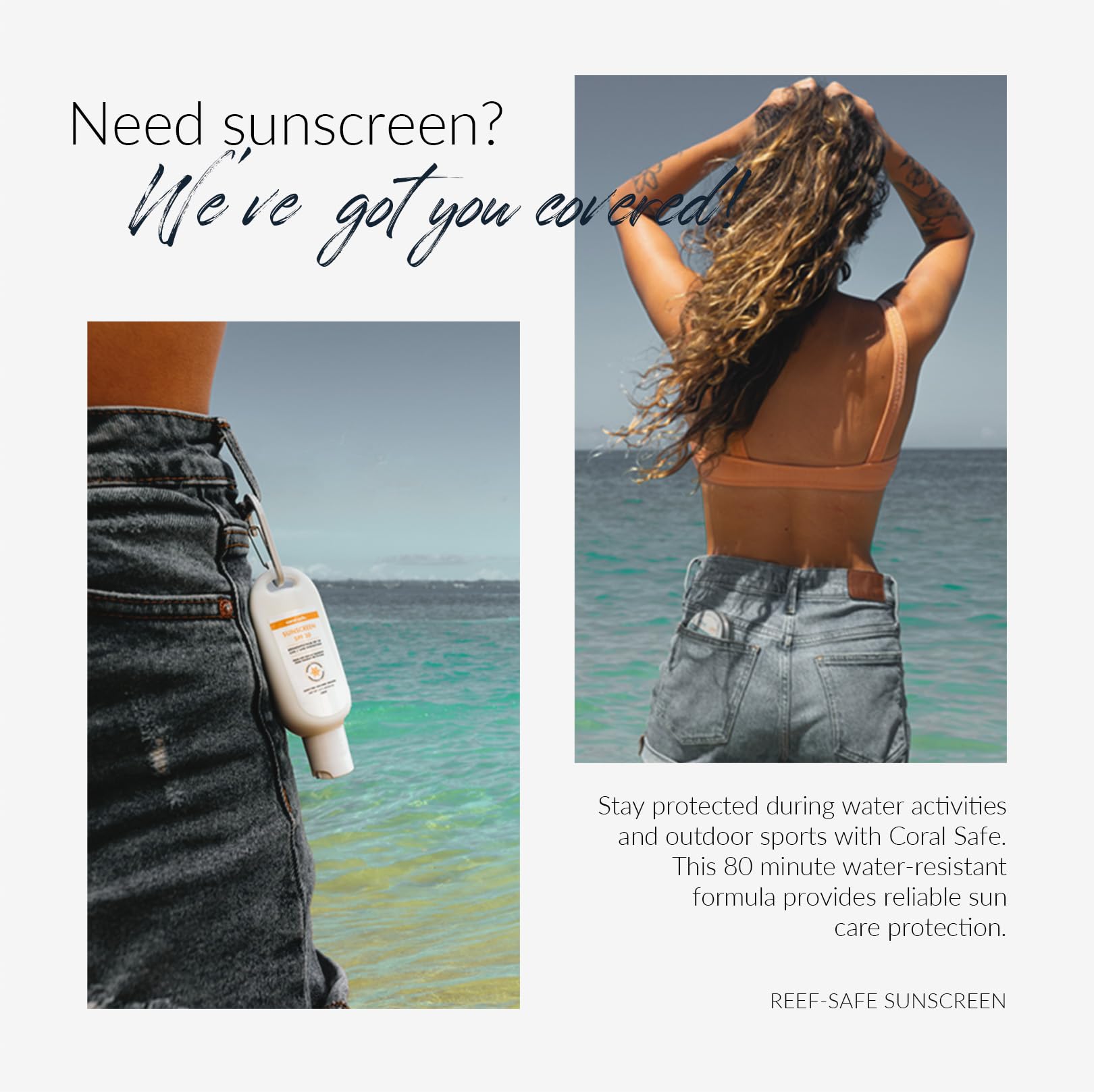 Coral Safe Sunscreen travel-packaging for on-the-go sun care.