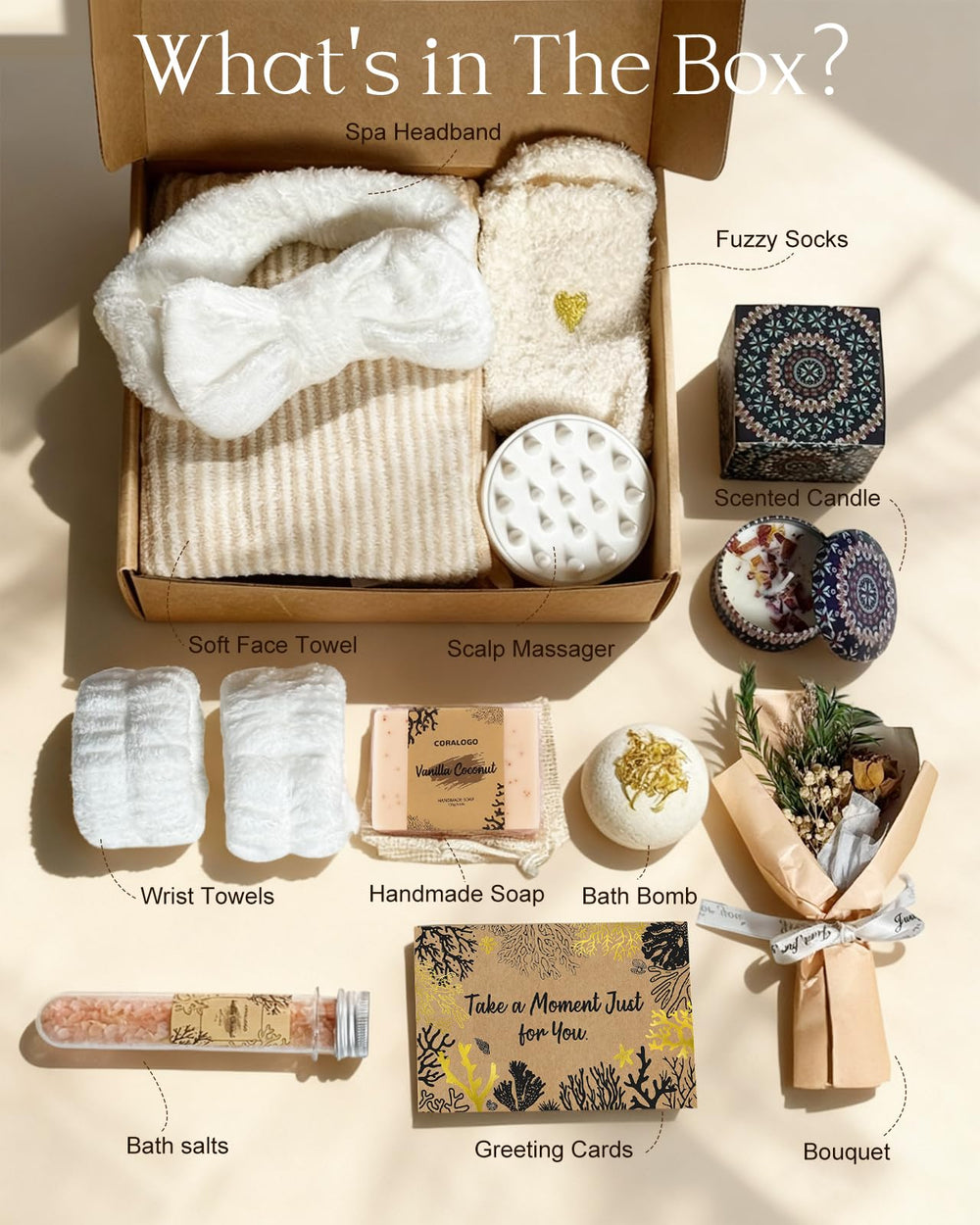 Coralogo 11-piece spa kit items displayed for a complete home self-care routine