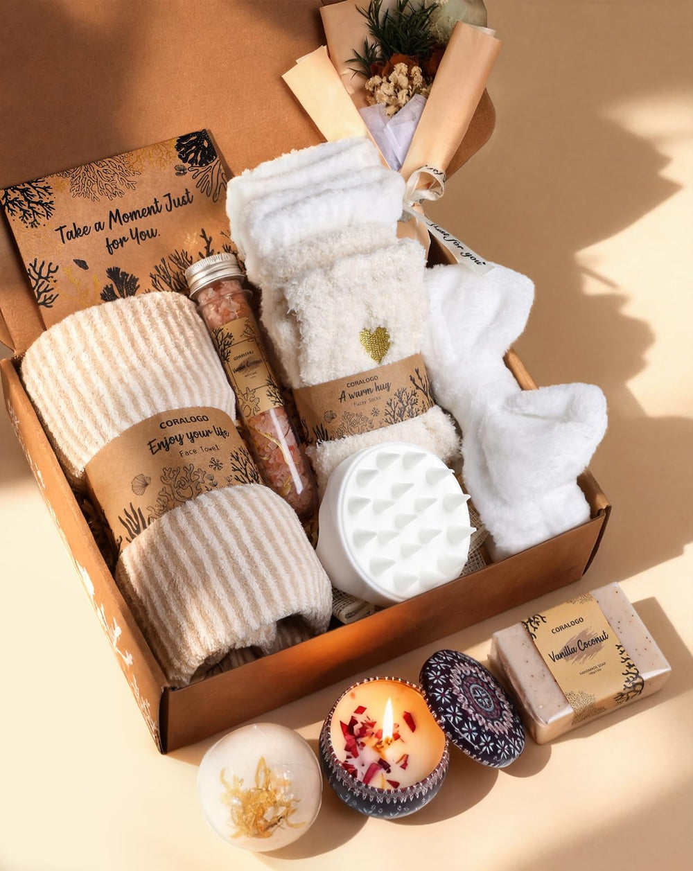 Coralogo natural spa gift basket arranged for elegant at-home pampering
