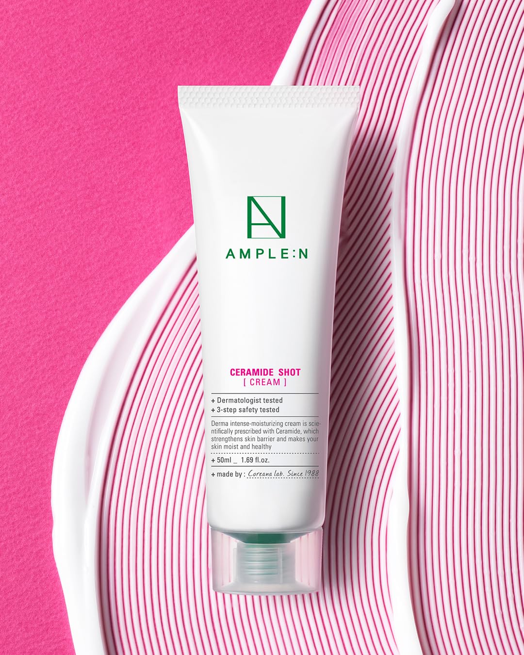 Coreana Ample N Ceramide Shot Cream jar closeup highlighting barrier-building ceramide complex.