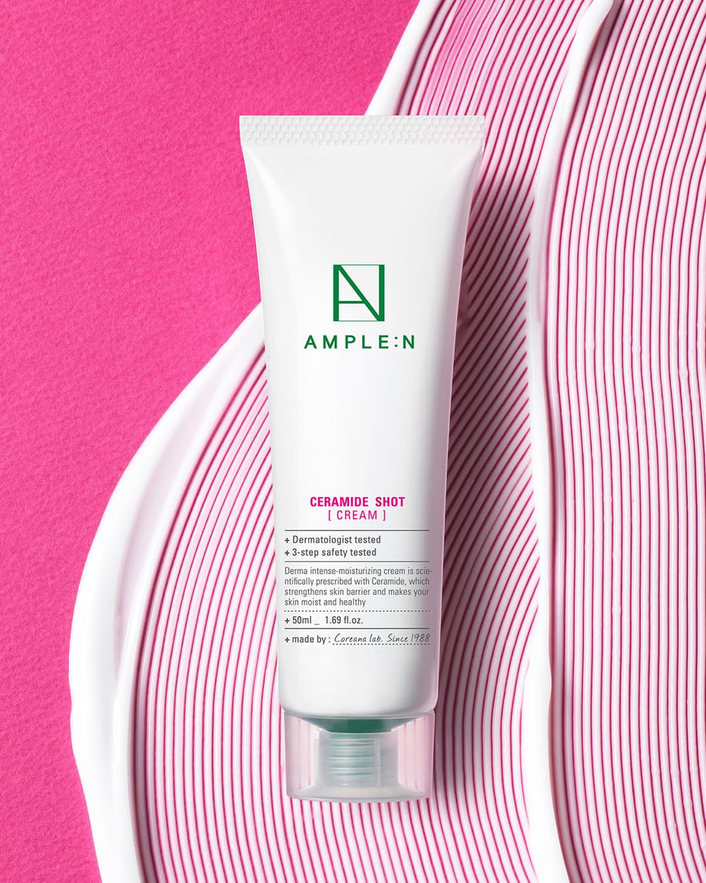 Coreana Ample N Ceramide Shot Cream jar closeup highlighting barrier-building ceramide complex.