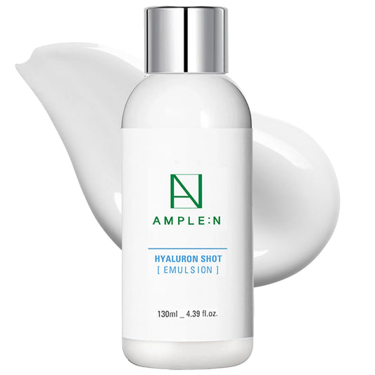 Coreana AMPLE:N Hyaluron Shot Emulsion bottle with rich hydration for daily skin nourishment.