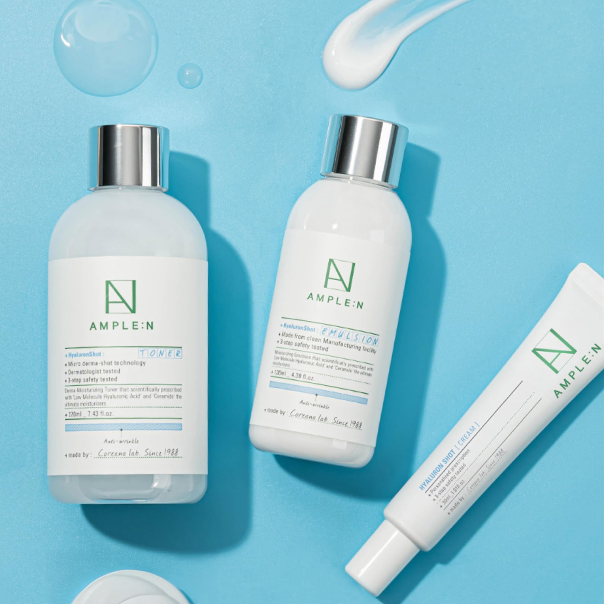 Coreana AMPLE:N Hyaluron Shot Emulsion product shot with soft lighting signals premium skincare benefits.