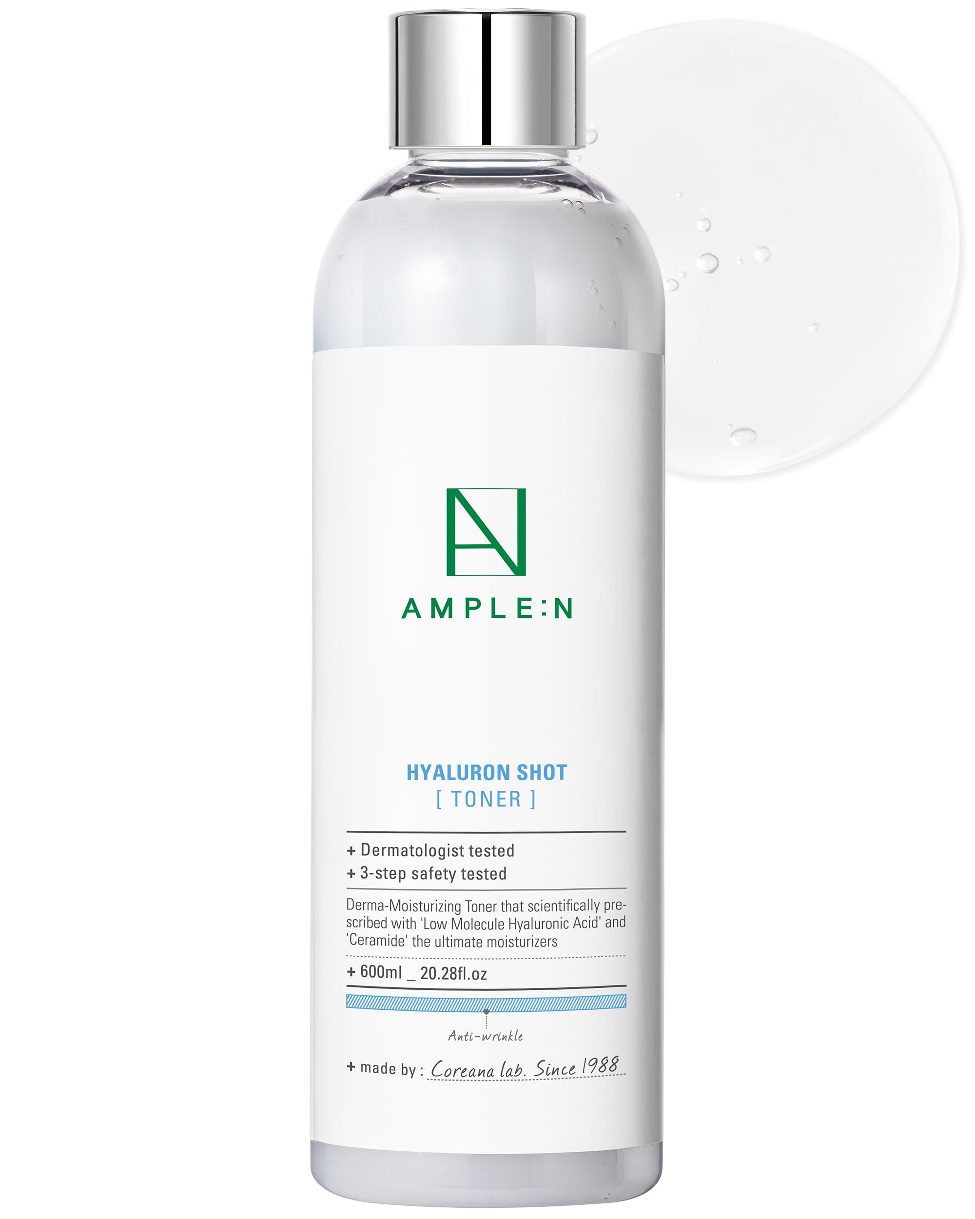 CORÉANA Ample:N Hyaluron Shot Toner bottle delivering refreshing hydration