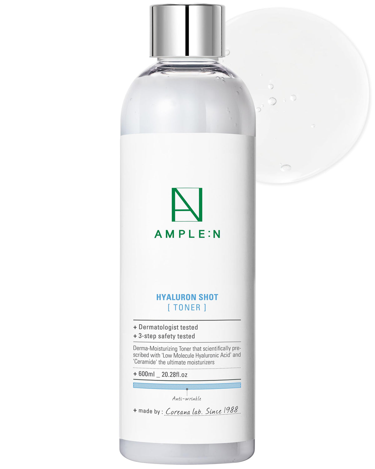 CORÉANA Ample:N Hyaluron Shot Toner bottle delivering refreshing hydration