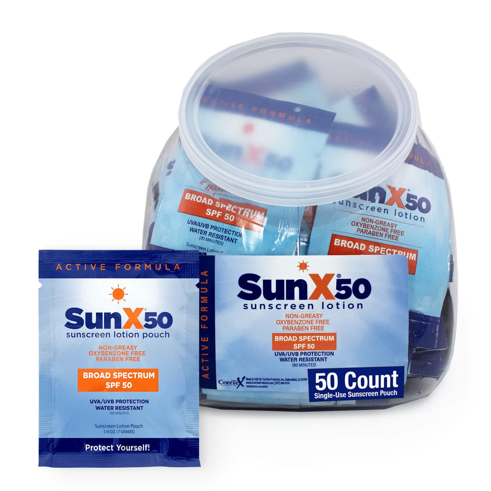 CoreTex Sun X 50 SPF packets packaging close-up with reef-safe label.