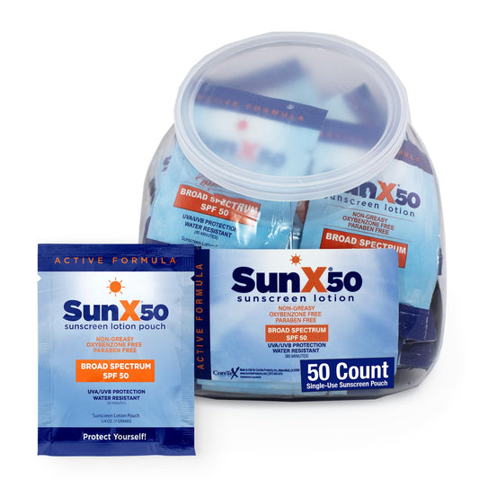 CoreTex Sun X 50 SPF packets packaging close-up with reef-safe label.