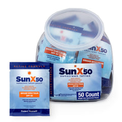CoreTex Sun X 50 SPF packets packaging close-up with reef-safe label.
