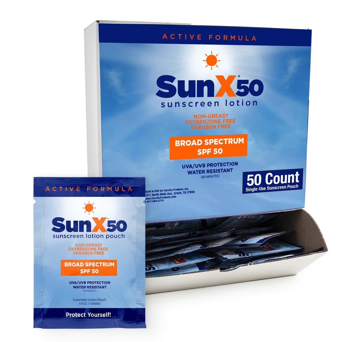 CoreTex Sun X 50 SPF packets packaging highlights travel-friendly sunscreen.
