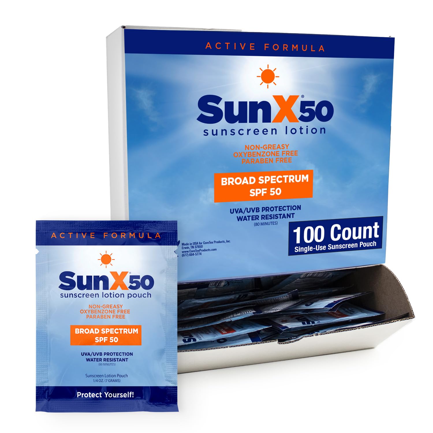 Coretex Protection CoreTex Sun X 50 SPF Packets – Pack of 100, Oil-Free, Reef Safe, 80-Mi ...