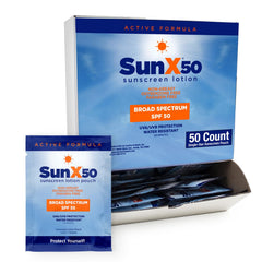 CoreTex Sun X 50 SPF packets packaging highlights travel-friendly sunscreen.
