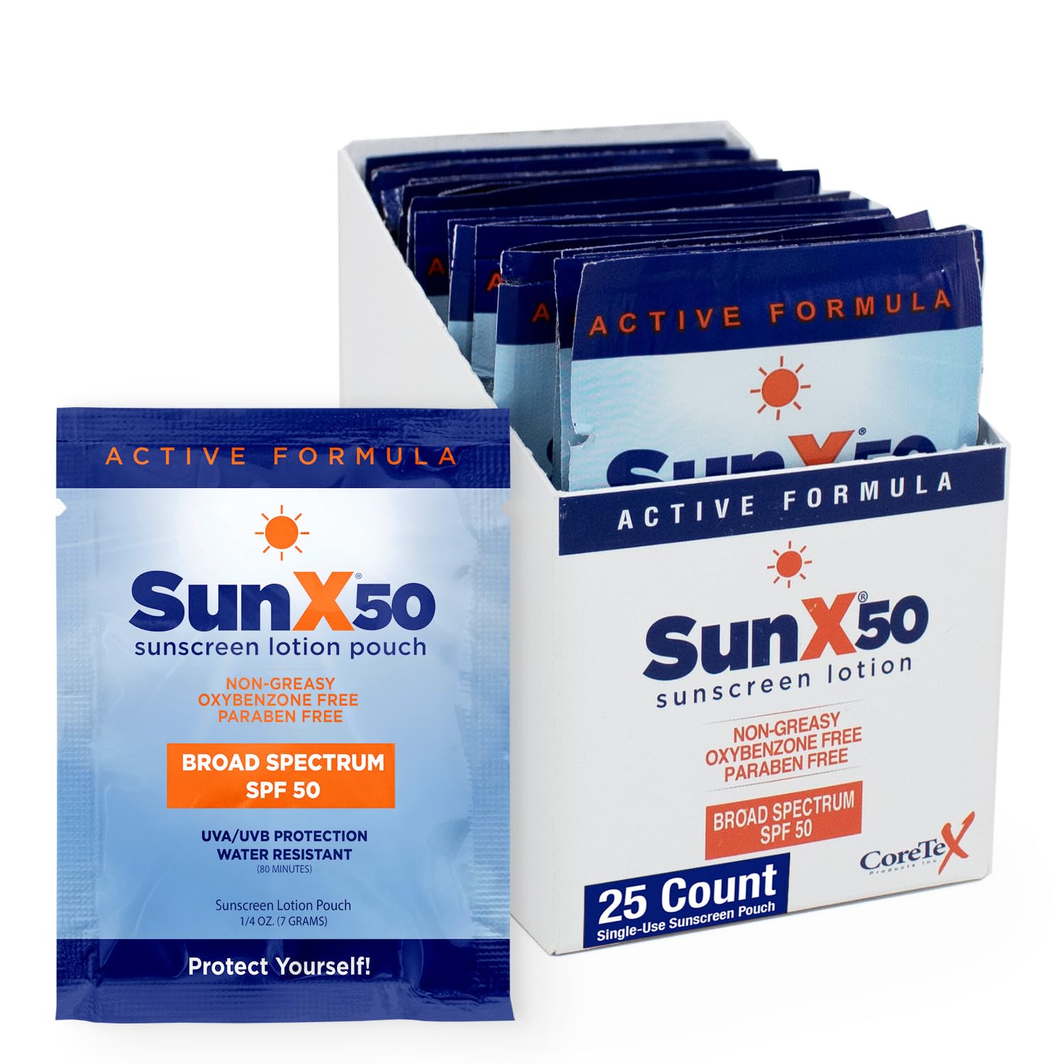 CoreTex Sun X 50 SPF travel-size packets for on-the-go protection.