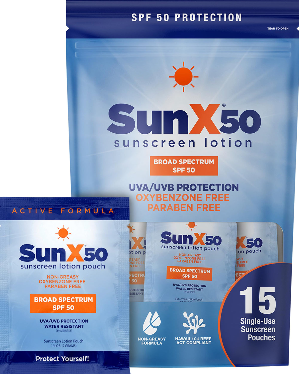 CoreTex Sun X 50 SPF packets for portable sun protection on the go.