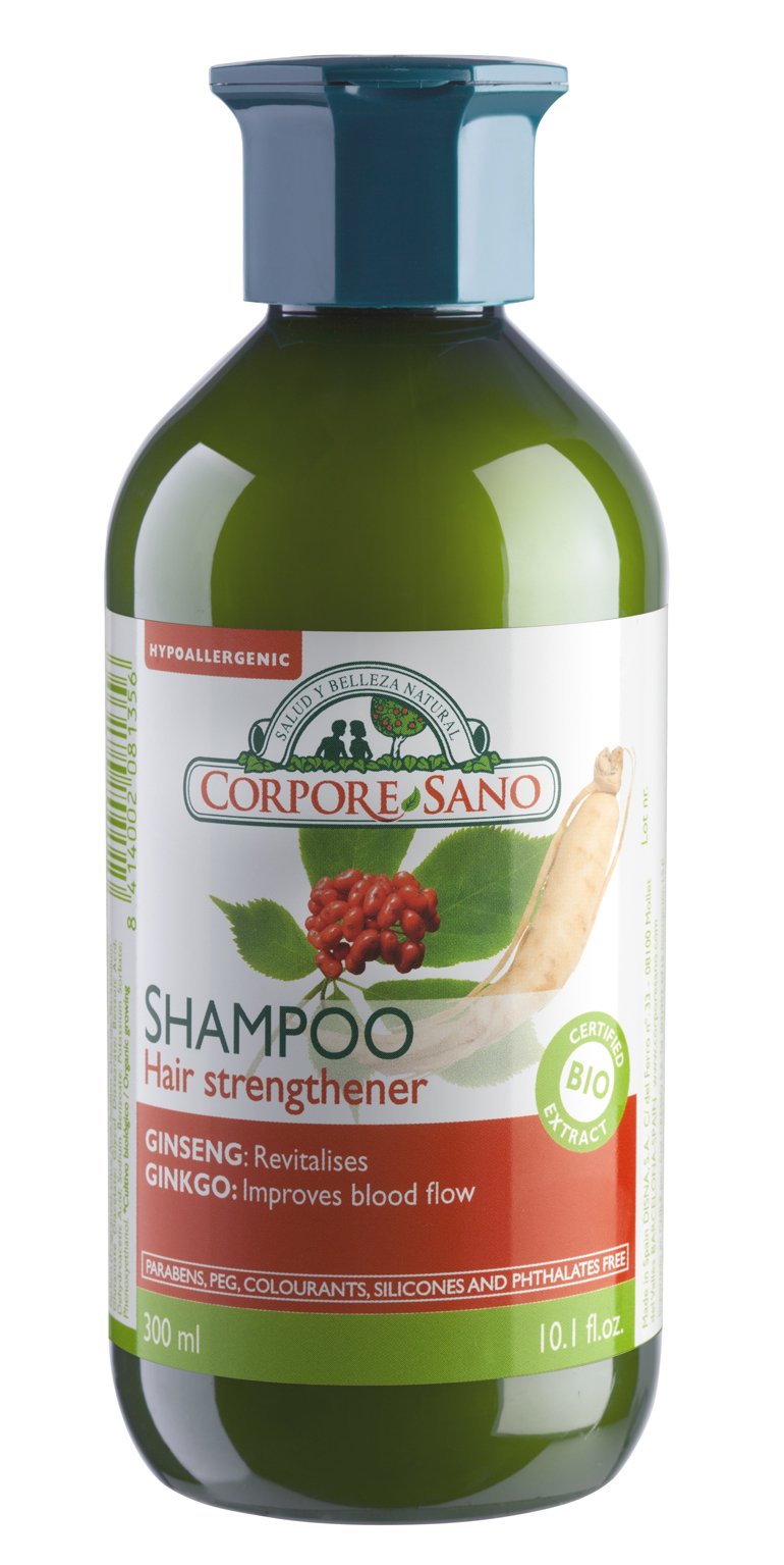 Corpore Sano shampoo bottle with ginseng and ginkgo for healthy hair support.