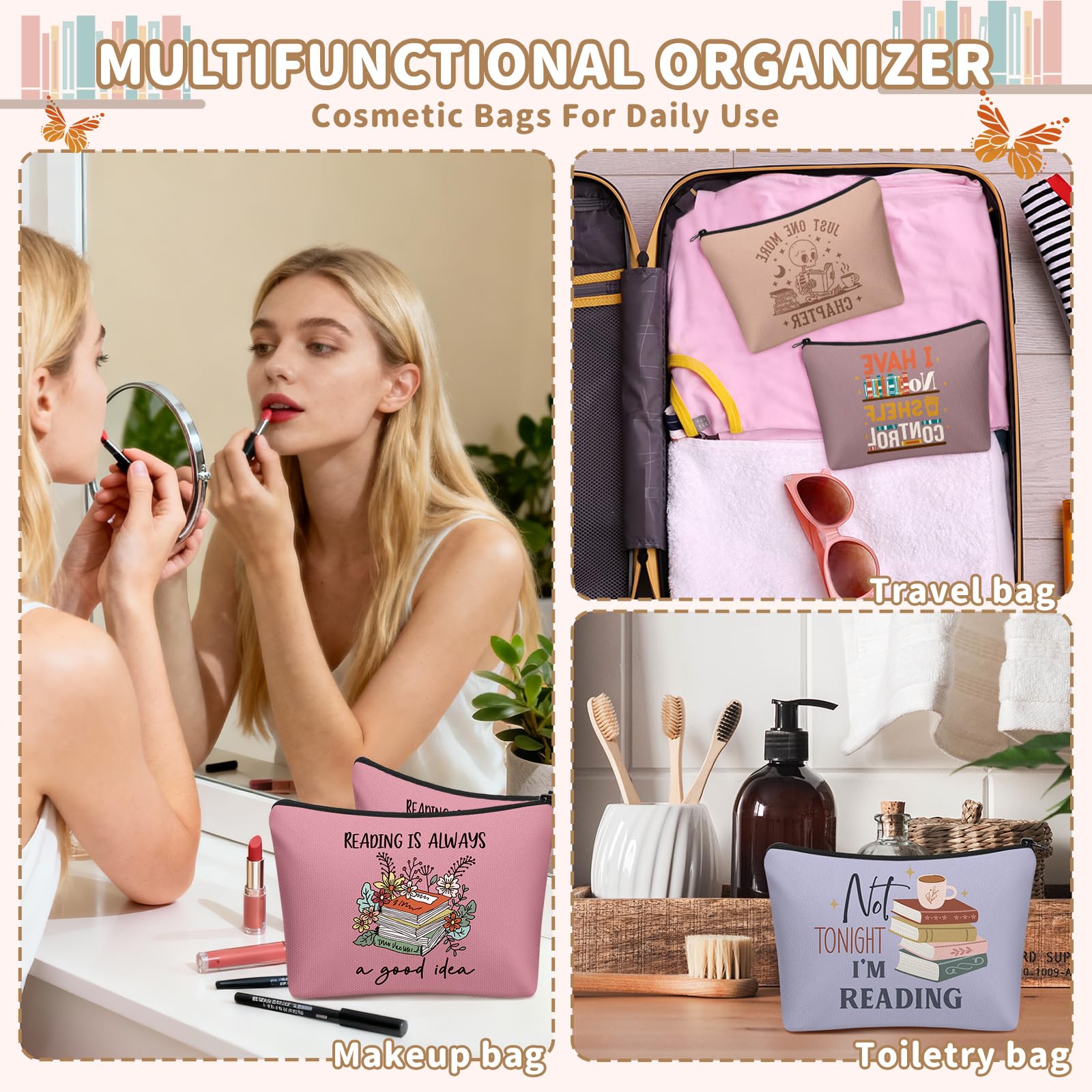 Cosblank zippered makeup bag keeps belongings secure during travel.