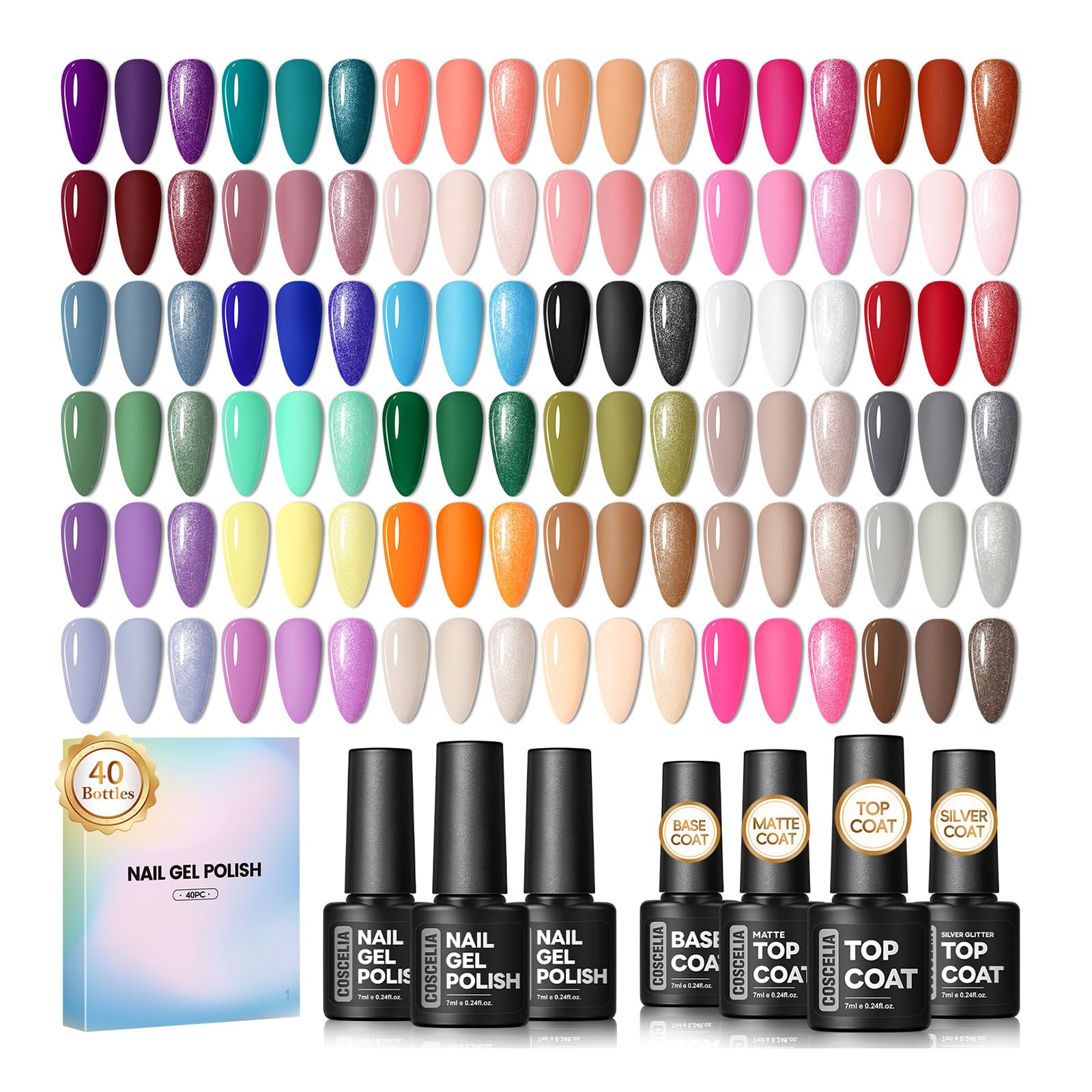 COSCELIA 40pc gel nail polishes color palette arranged for easy selection