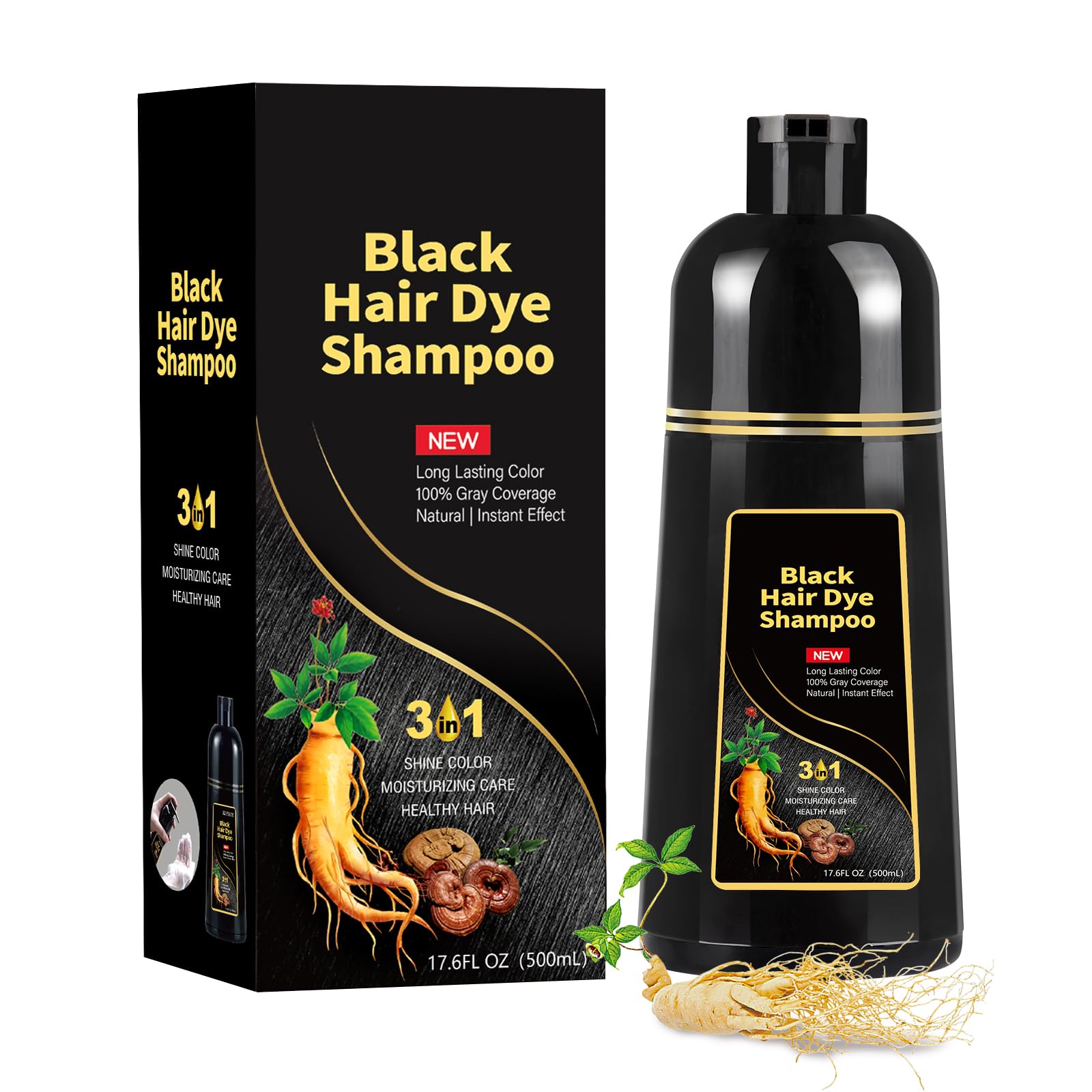 COSKOA Black Hair Dye Shampoo bottle showing quick gray coverage and natural shine.