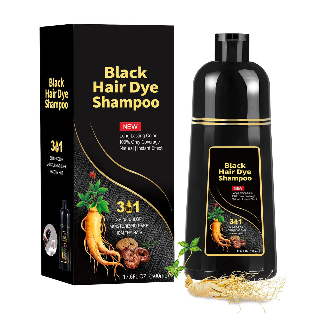 COSKOA Black Hair Dye Shampoo bottle showing quick gray coverage and natural shine.