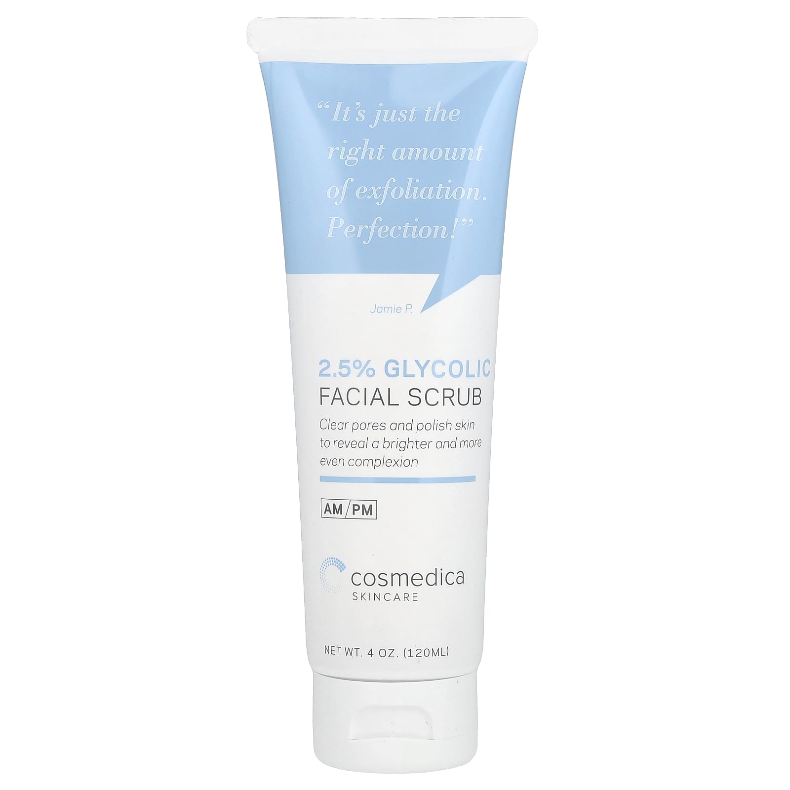 Cosmedica Glycolic Scrub jar close-up showing gentle exfoliation for radiant skin.