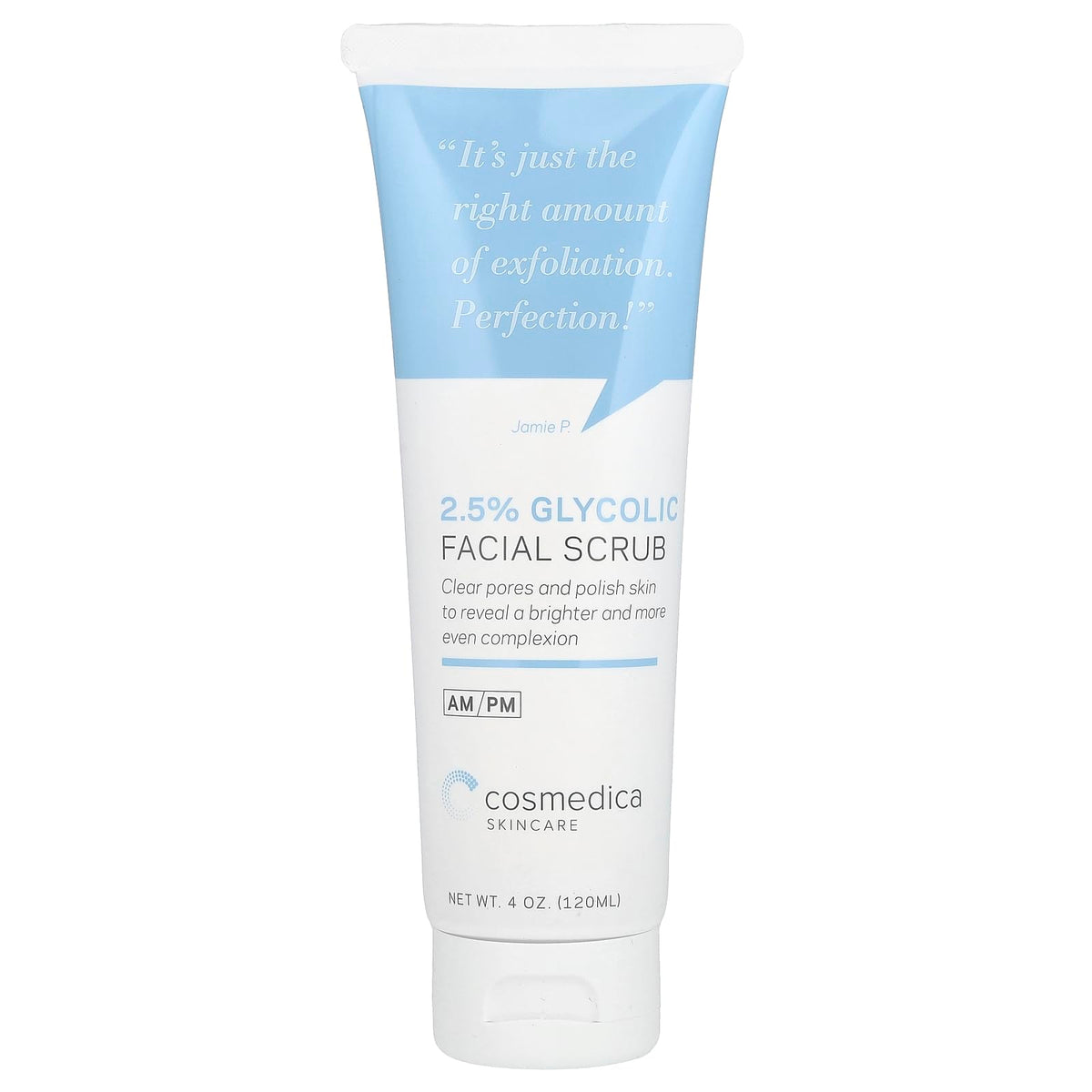 Cosmedica Glycolic Scrub jar close-up showing gentle exfoliation for radiant skin.