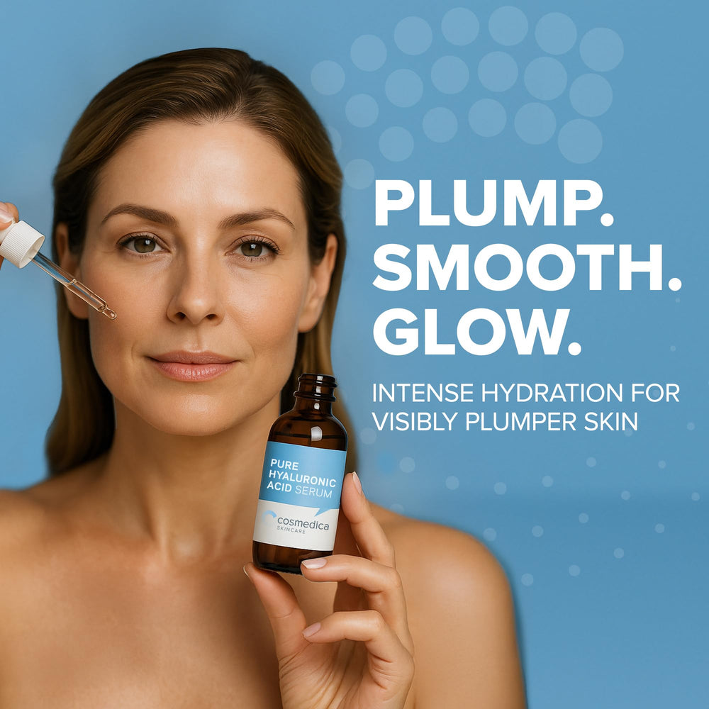 Cosmedica Hyaluronic Serum texture closeup highlights creamy, lightweight application