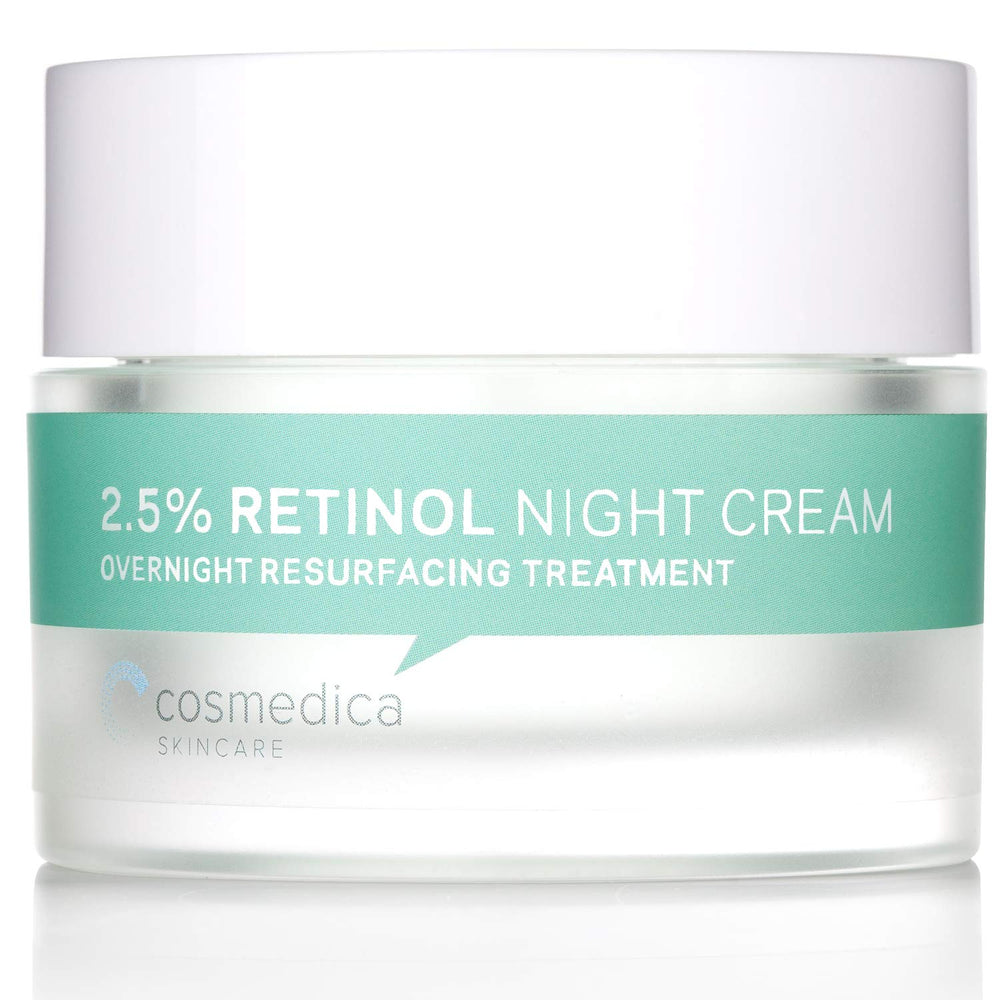 Cosmedica Retinol Night Cream bottle shown for hydration and smoothing.