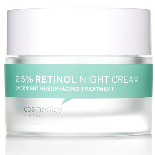 Cosmedica Retinol Night Cream bottle shown for hydration and smoothing.