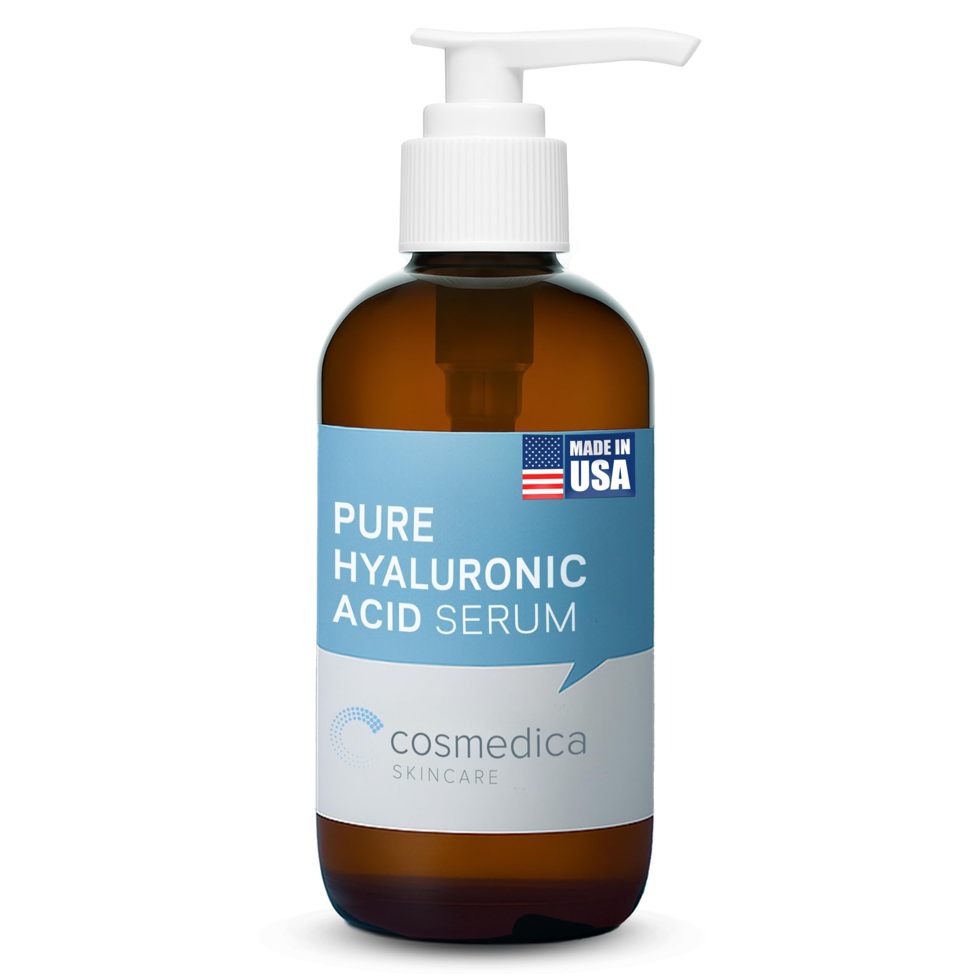 Cosmedica Skincare Hyaluronic Serum bottle close-up, signaling intense hydration for a plumper, smoother complexion.