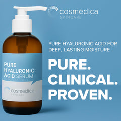 Cosmedica Skincare Hyaluronic Serum packaging display emphasizing clean ingredients and paraben-free confidence.