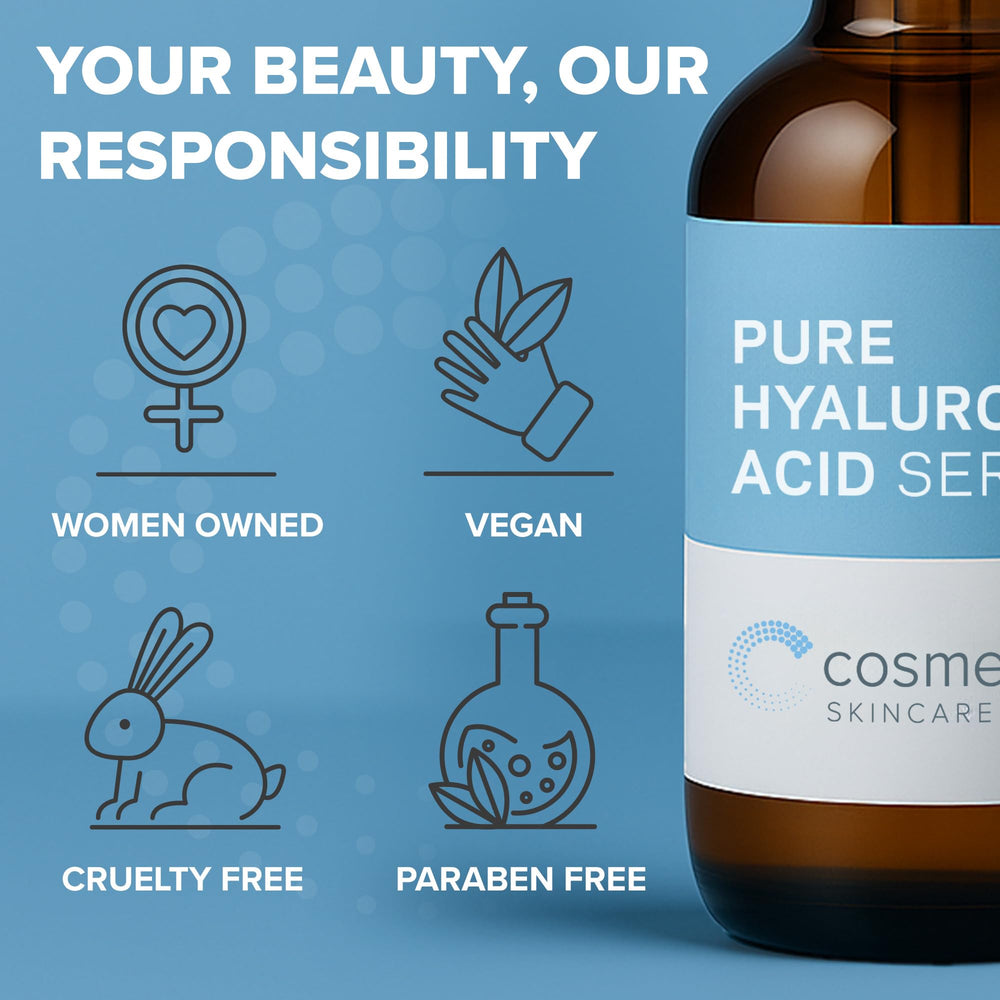Cosmedica Skincare Hyaluronic Serum vegan and paraben-free label highlights clean beauty.