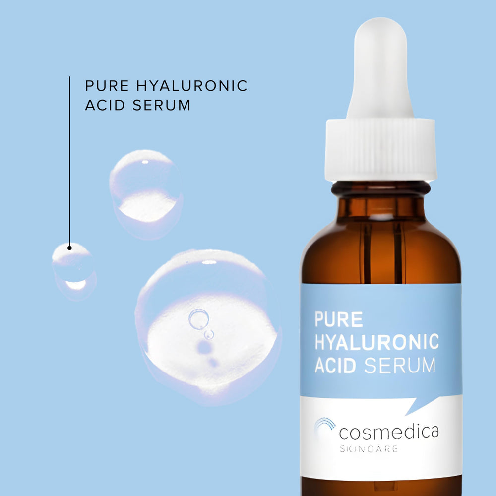 Cosmedica Skincare Pure Hyaluronic Acid Serum bottle for deep hydration.