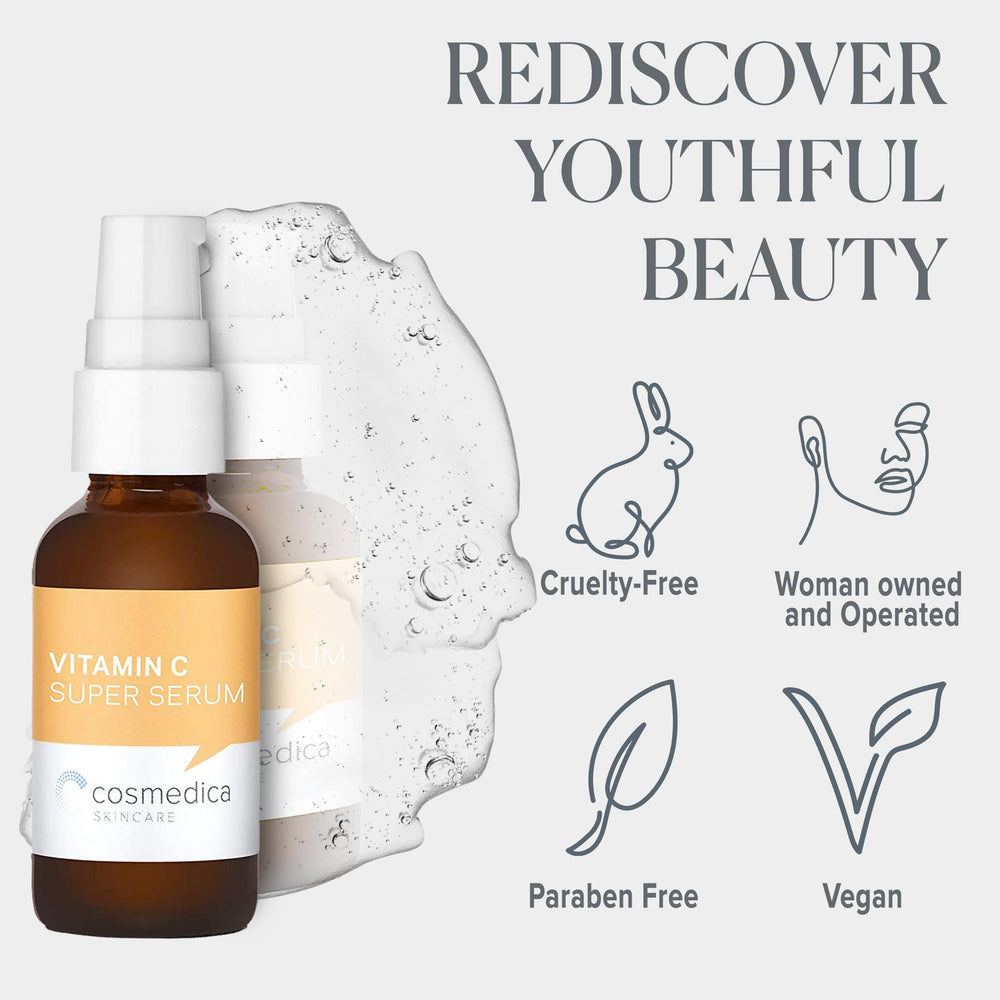 Cosmedica Vitamin C Super Serum ingredients highlight Hylasyn and Vitamin E.
