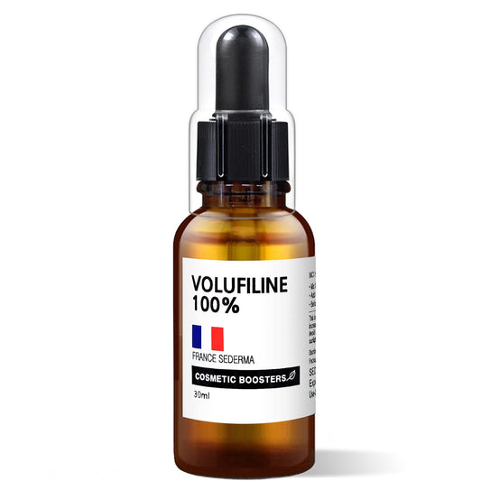 COSMETIC BOOSTERS Volufiline 30ml bottle shown, hinting at elasticity support for the skin