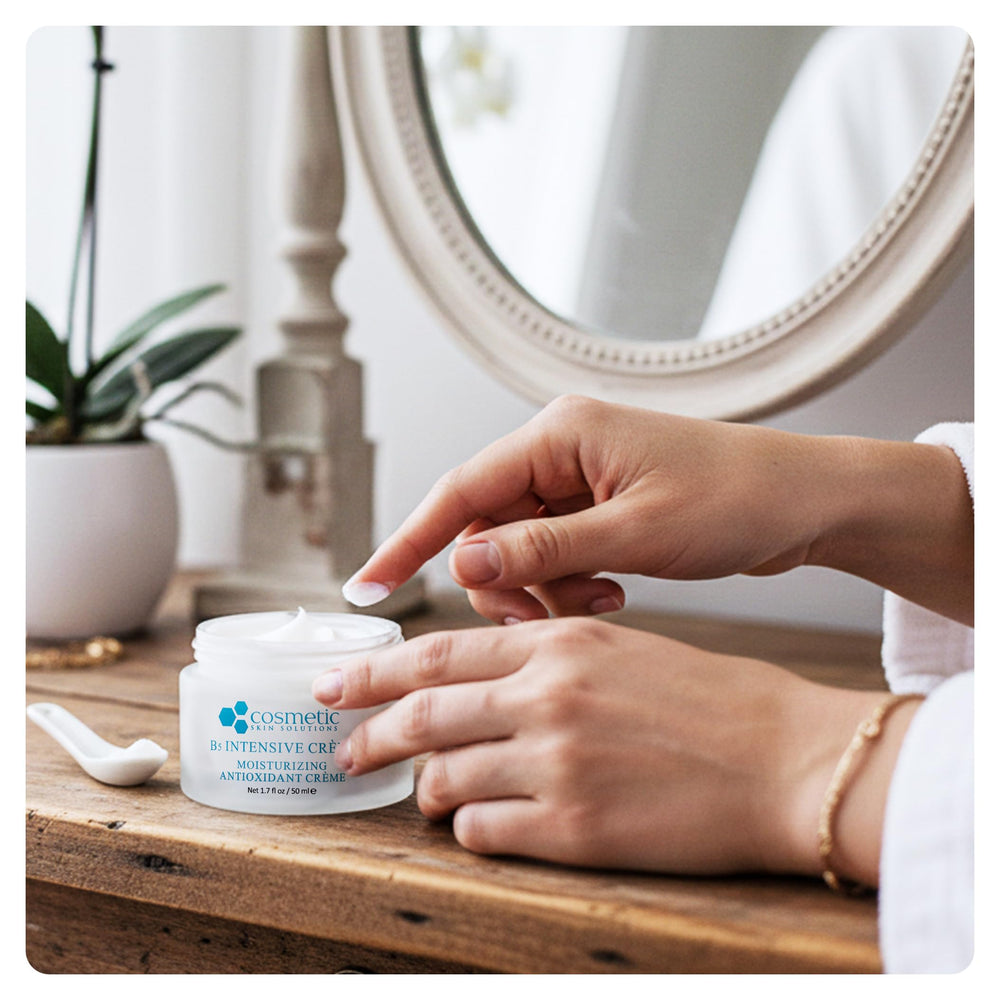 Cosmetic Skin Solutions B5 Intensive Crème bottle with botanicals highlights natural nourishment