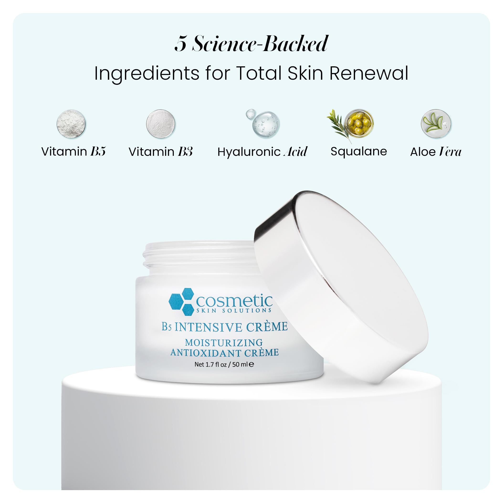 Cosmetic Skin Solutions B5 Intensive Crème close-up on cheek showing dewy glow