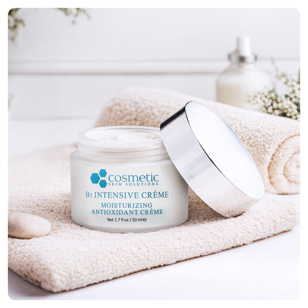 Cosmetic Skin Solutions B5 Intensive Crème jar on counter ready for day and night care