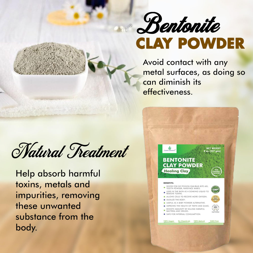 Ingredients label emphasizing natural bentonite composition.