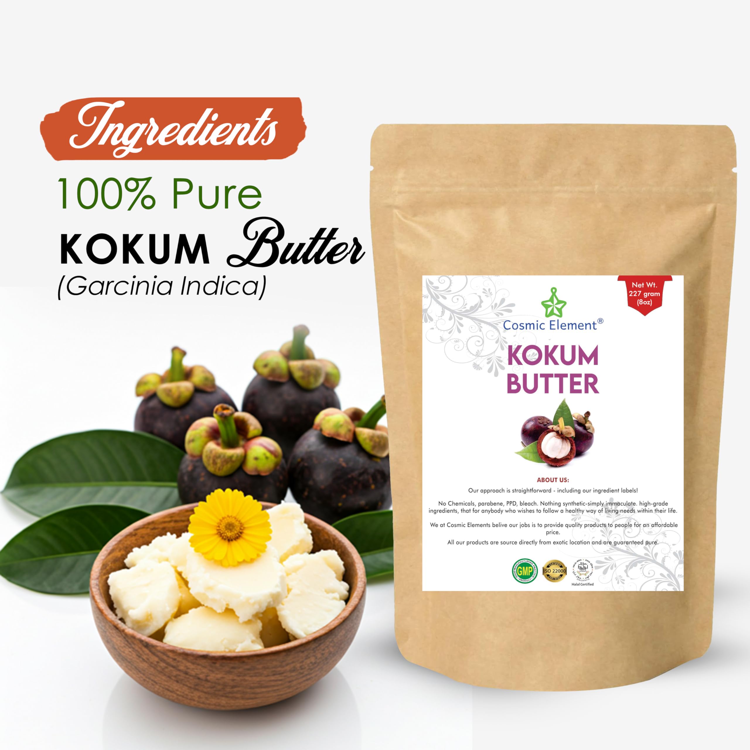 Cosmic Element Kokum Butter jar closeup shows white, odorless texture ideal for skin care.