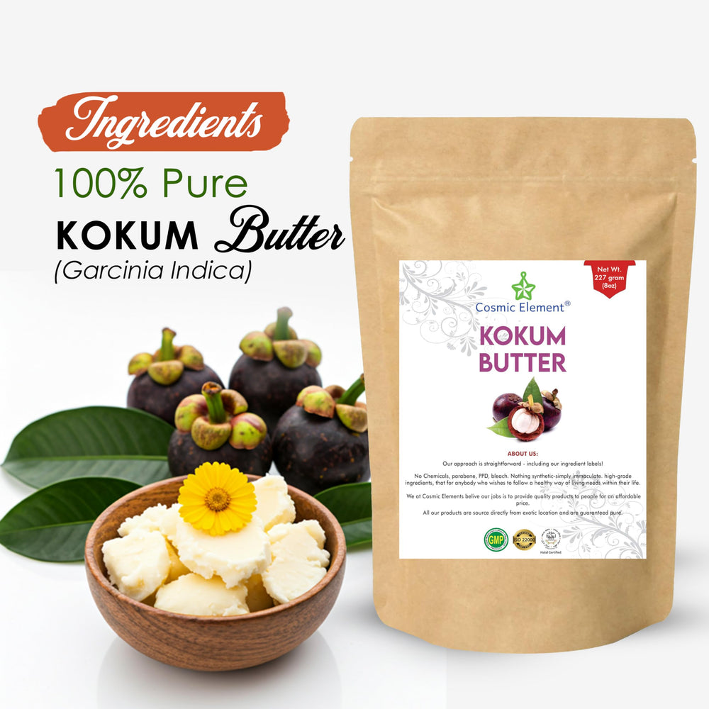 Cosmic Element Kokum Butter jar closeup shows white, odorless texture ideal for skin care.